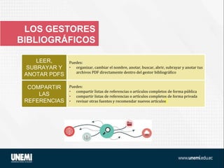 LOS GESTORES
BIBLIOGRÁFICOS
LEER,
SUBRAYAR Y
ANOTAR PDFS
Puedes:
• organizar, cambiar el nombre, anotar, buscar, abrir, subrayar y anotar tus
archivos PDF directamente dentro del gestor bibliográfico
COMPARTIR
LAS
REFERENCIAS
Puedes:
• compartir listas de referencias o artículos completos de forma pública
• compartir listas de referencias o artículos completos de forma privada
• revisar otras fuentes y recomendar nuevos artículos
 