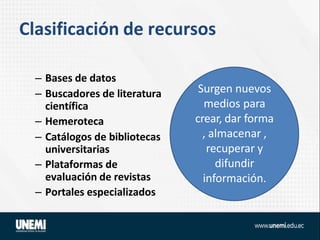 Clasificación de recursos
– Bases de datos
– Buscadores de literatura
científica
– Hemeroteca
– Catálogos de bibliotecas
universitarias
– Plataformas de
evaluación de revistas
– Portales especializados
Surgen nuevos
medios para
crear, dar forma
, almacenar ,
recuperar y
difundir
información.
 