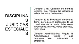 DISCIPLINA
S
JURÍDICAS
ESPECIALE
S
Derecho Civil: Conjunto de normas
jurídicas que regulan las relaciones
existentes entre particulares.
Derecho de la Propiedad Intelectual:
Tiene por objeto la protección de las
creaciones de la mente, tales como
invenciones, marcas, obras artísticas,
entre otros.
Derecho Administrativo: Regula la
Administración Pública y sus
relaciones con particulares y
empresas.
 