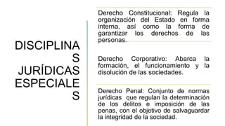 DISCIPLINA
S
JURÍDICAS
ESPECIALE
S
Derecho Constitucional: Regula la
organización del Estado en forma
interna, así como la forma de
garantizar los derechos de las
personas.
Derecho Corporativo: Abarca la
formación, el funcionamiento y la
disolución de las sociedades.
Derecho Penal: Conjunto de normas
jurídicas que regulan la determinación
de los delitos e imposición de las
penas, con el objetivo de salvaguardar
la integridad de la sociedad.
 
