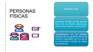 PERSONAS
FÍSICAS
ESTADO CIVIL
Concepto: Vínculo de una persona
física con su familia (parentesco,
matrimonio, divorcio, concubinato).
Características: Es un atributo
exclusivo de las personas físicas de
carácter inalienable, por lo cual no
es transmisible ni puede ser objeto
de transacción.
 
