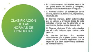 CLASIFICACIÓN
DE LAS
NORMAS DE
CONDUCTA
• El comportamiento del hombre dentro de
un grupo social es amplio y complejo,
siendo varias las normas que lo regulan.
• A) Normas sociales. Se constituyen por el
decoro, la cortesía, la etiqueta, el protocolo,
el saludo, etc.
• B) Normas morales. Están determinadas
por los valores y principios éticos de cada
individuo, mismos que ha obtenido en su
convivencia familiar, social, laboral, etc.
• C) Normas religiosas. Están determinadas
por el credo religioso que profese cada
persona.
• D) Normas jurídicas. Son aquellas
disposiciones que el poder público crea a
través de un proceso legislativo con el
objeto de que sean observadas y acatadas
en forma coercitiva.
 