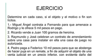 EJERCICIO
Determine en cada caso, si el objeto y el motivo o fin son
lícitos.
1.- Miguel Ángel contrata a Fernando para que amenace a
Rodrigo y le ofrece 5 mil pesos en pago.
2. Ricardo vende a Juan 100 gramos de heroína.
3. Raymundo y José celebran un contrato de arrendamiento
sobre una casa para instalar en ella una casa de juego no
autorizada.
4. Pedro paga a Federico 10 mil pesos para que se abstenga
de hacer puja en un remate, a fin de adquirir el objeto de una
venta judicial en un precio inferior, con evidente daño del
 