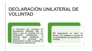 DECLARACIÓN UNILATERAL DE
VOLUNTAD
c) Concurso con promesa de
recompensa: Requiere fijar un
plazo y que se cumplan con las
condiciones establecidas. El
oferente debe establecer la
persona o personas que
determinarán a quién o quiénes se
le otorgará la recompensa.
d) Estipulación en favor de
tercero: Se establece a través de
la manifestación de voluntad en un
contrato.
 