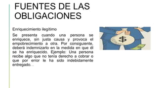 FUENTES DE LAS
OBLIGACIONES
Enriquecimiento ilegítimo
Se presenta cuando una persona se
enriquece, sin justa causa y provoca el
empobrecimiento a otra. Por consiguiente,
deberá indemnizarlo en la medida en que él
se ha enriquecido. Ejemplo: Una persona
recibe algo que no tenía derecho a cobrar o
que por error le ha sido indebidamente
entregado. .
 