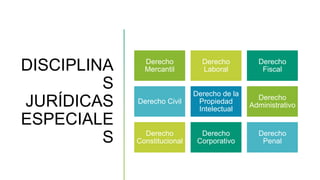 DISCIPLINA
S
JURÍDICAS
ESPECIALE
S
Derecho
Mercantil
Derecho
Laboral
Derecho
Fiscal
Derecho Civil
Derecho de la
Propiedad
Intelectual
Derecho
Administrativo
Derecho
Constitucional
Derecho
Corporativo
Derecho
Penal
 