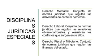 DISCIPLINA
S
JURÍDICAS
ESPECIALE
S
Derecho Mercantil: Conjunto de
normas jurídicas que regulan las
actividades de carácter comercial.
Derecho Laboral: Conjunto de normas
jurídicas que regulan las relaciones
obrero-patronales y resuelven los
conflictos que surgen entre ellos.
Derecho Fiscal o Tributario: Conjunto
de normas jurídicas que regulan las
finanzas del estado.
 