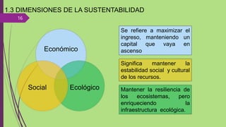 16
1.3 DIMENSIONES DE LA SUSTENTABILIDAD
Económico
Ecológico
Social
Se refiere a maximizar el
ingreso, manteniendo un
capital que vaya en
ascenso
Significa mantener la
estabilidad social y cultural
de los recursos.
Mantener la resiliencia de
los ecosistemas, pero
enriqueciendo la
infraestructura ecológica.
 