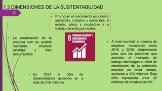 20
1.3 DIMENSIONES DE LA SUSTENTABILIDAD
• Promover el crecimiento económico
sostenido, inclusivo y sostenible, el
empleo pleno y productivo y el
trabajo decente para todos.
• La erradicación de la
pobreza solo es posible
mediante empleos
estables y bien
remunerados.
• En 2021 la cifra de
desempleados asciende en a
más de 216 millones.
• A nivel mundial, el número de
empleos necesarios entre
2016 y 2030, simplemente
para que las personas que
acceden al mercado de
trabajo mantengan el ritmo de
crecimiento de la población
mundial en edad laboral,
asciende a 470 millones. Esta
cifra representa unos 30
millones de empleos al año.
 