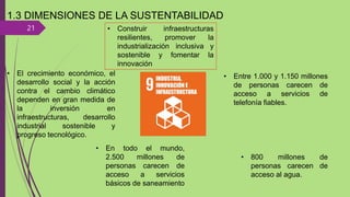 21
1.3 DIMENSIONES DE LA SUSTENTABILIDAD
• Construir infraestructuras
resilientes, promover la
industrialización inclusiva y
sostenible y fomentar la
innovación
• El crecimiento económico, el
desarrollo social y la acción
contra el cambio climático
dependen en gran medida de
la inversión en
infraestructuras, desarrollo
industrial sostenible y
progreso tecnológico.
• Entre 1.000 y 1.150 millones
de personas carecen de
acceso a servicios de
telefonía fiables.
• En todo el mundo,
2.500 millones de
personas carecen de
acceso a servicios
básicos de saneamiento
• 800 millones de
personas carecen de
acceso al agua.
 