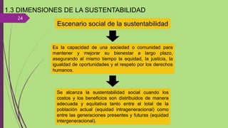 24
1.3 DIMENSIONES DE LA SUSTENTABILIDAD
Se alcanza la sustentabilidad social cuando los
costos y los beneficios son distribuidos de manera
adecuada y equitativa tanto entre el total de la
población actual (equidad intrageneracional) como
entre las generaciones presentes y futuras (equidad
intergeneracional).
Escenario social de la sustentabilidad
Es la capacidad de una sociedad o comunidad para
mantener y mejorar su bienestar a largo plazo,
asegurando al mismo tiempo la equidad, la justicia, la
igualdad de oportunidades y el respeto por los derechos
humanos.
 