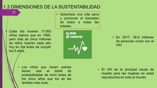 27
1.3 DIMENSIONES DE LA SUSTENTABILIDAD
• Garantizar una vida sana
y promover el bienestar
de todos a todas las
edades.
• Cada día mueren 17.000
niños menos que en 1990,
pero más de cinco millones
de niños mueren cada año
hoy en día antes de cumplir
los 5 años.
• Los niños que nacen pobres
tienen casi el doble de
probabilidades de morir antes de
los cinco años que los de las
familias más ricas.
• En 2017, 36.9 millones
de personas vivían con el
VIH.
• El VIH es la principal causa de
muerte para las mujeres en edad
reproductiva en todo el mundo.
 