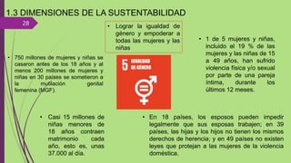 28
1.3 DIMENSIONES DE LA SUSTENTABILIDAD
• Lograr la igualdad de
género y empoderar a
todas las mujeres y las
niñas
• 750 millones de mujeres y niñas se
casaron antes de los 18 años y al
menos 200 millones de mujeres y
niñas en 30 países se sometieron a
la mutilación genital
femenina (MGF).
• 1 de 5 mujeres y niñas,
incluido el 19 % de las
mujeres y las niñas de 15
a 49 años, han sufrido
violencia física y/o sexual
por parte de una pareja
íntima, durante los
últimos 12 meses.
• Casi 15 millones de
niñas menores de
18 años contraen
matrimonio cada
año, esto es, unas
37.000 al día.
• En 18 países, los esposos pueden impedir
legalmente que sus esposas trabajen; en 39
países, las hijas y los hijos no tienen los mismos
derechos de herencia; y en 49 países no existen
leyes que protejan a las mujeres de la violencia
doméstica.
 