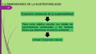 30
1.3 DIMENSIONES DE LA SUSTENTABILIDAD
Escenario ambiental de la sustentabilidad
Tiene como objetivo estudiar con detalle las
perturbaciones ambientales y los factores
físicos que determinan el entorno ambiental.
Unidad 2 Escenario natural.
 