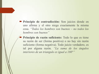  Principio de contradicción: Son juicios donde en
uno afirma y el otro niega exactamente la misma
cosa. “Todos los hombres son buenos – no todos los
hombres son buenos”
 Principio de razón suficiente: Todo lo que es tiene
su razón de ser (forma positiva) o no hay sin razón
suficiente (forma negativa). Todo juicio verdadero, es
tal por alguna razón. “La suma de los ángulos
interiores de un triangulo es igual a 180°”
 