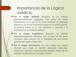 Importancia de la Lógica
Jurídica.
 En el campo judicial: Requiere de un método
preponderantemente deductivo, este radica de modo
fundamental en el uso de la razón mediante el silogismo
deductivo, en el cual la premisa mayor es la norma general,
la premisa menor es el caso particular y concreto y la
conclusión es la sentencia judicial.
 En el campo Legislativo: Requiere un método
preponderantemente inductivo, esto es parte de los casos
circulares para concluir en la formación de una norma
general que regula a todos ellos.
 En el campo doctrinario: En este campo hay mayor
libertad para elegir el método apropiado inducción,
deducción, analogía), manteniéndose siempre dentro de los
métodos establecidos por la lógica formal.
 