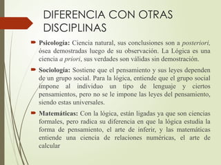 DIFERENCIA CON OTRAS
DISCIPLINAS
 Psicología: Ciencia natural, sus conclusiones son a posteriori,
ósea demostradas luego de su observación. La Lógica es una
ciencia a priori, sus verdades son válidas sin demostración.
 Sociología: Sostiene que el pensamiento y sus leyes dependen
de un grupo social. Para la lógica, entiende que el grupo social
impone al individuo un tipo de lenguaje y ciertos
pensamientos, pero no se le impone las leyes del pensamiento,
siendo estas universales.
 Matemáticas: Con la lógica, están ligadas ya que son ciencias
formales, pero radica su diferencia en que la lógica estudia la
forma de pensamiento, el arte de inferir, y las matemáticas
entiende una ciencia de relaciones numéricas, el arte de
calcular
 