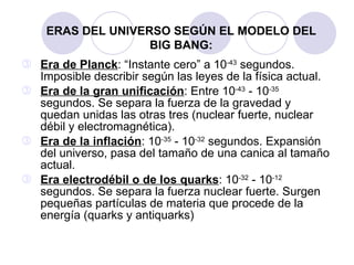 [object Object],[object Object],[object Object],[object Object],ERAS DEL UNIVERSO SEGÚN EL MODELO DEL BIG BANG: 