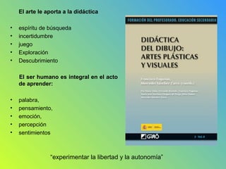 El arte le aporta a la didáctica
• espíritu de búsqueda
• incertidumbre
• juego
• Exploración
• Descubrimiento
El ser humano es integral en el acto
de aprender:
• palabra,
• pensamiento,
• emoción,
• percepción
• sentimientos
“experimentar la libertad y la autonomía”
 