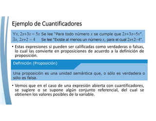 Ejemplo de Cuantificadores
• Estas expresiones si pueden ser calificadas como verdaderas o falsas,
lo cual las convierte en proposiciones de acuerdo a la definición de
proposición.
• Vemos que en el caso de una expresión abierta con cuantificadores,
se sugiere o se supone algún conjunto referencial, del cual se
obtienen los valores posibles de la variable.
 