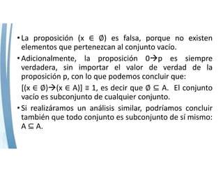 • La proposición (x ) es falsa, porque no existen
elementos que pertenezcan al conjunto vacío.
• Adicionalmente, la proposición 0p es siempre
verdadera, sin importar el valor de verdad de la
proposición p, con lo que podemos concluir que:
[(x )(x A)] ≡ 1, es decir que A. El conjunto
vacío es subconjunto de cualquier conjunto.
• Si realizáramos un análisis similar, podríamos concluir
también que todo conjunto es subconjunto de sí mismo:
A A.
 