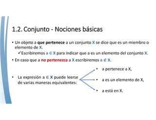 1.2. Conjunto ‐ Nociones básicas
• Un objeto a que pertenece a un conjunto X se dice que es un miembro o 
elemento de X.
Escribiremos a ∈ X para indicar que a es un elemento del conjunto X.
• En caso que a no pertenezca a X escribiremos a ∉ X.
• La expresión a ∈ X puede leerse
de varias maneras equivalentes:
• a pertenece a X,
• a es un elemento de X,
• a está en X.
 