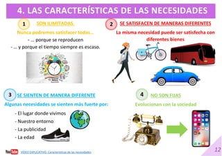 12
4. LAS CARACTERÍSTICAS DE LAS NECESIDADES
SON ILIMITADAS.
Nunca podremos satisfacer todas…
- … porque se reproducen
- … y porque el tiempo siempre es escaso.
SE SATISFACEN DE MANERAS DIFERENTES
La misma necesidad puede ser satisfecha con
diferentes bienes
SE SIENTEN DE MANERA DIFERENTE
Algunas necesidades se sienten más fuerte por:
- El lugar donde vivimos
- Nuestro entorno
- La publicidad
- La edad
NO SON FIJAS
Evolucionan con la sociedad
VÍDEO EXPLICATIVO. Características de las necesidades
1 2
3 4
 
