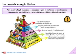 16
Las necesidades según Maslow
Para Maslow hay 5 niveles de necesidades. Según él, hasta que no cubrimos una
necesidad de un nivel inferior, no sentiré las necesidades del siguiente nivel.
VÍDEO EXPLICATIVO. La pirámide de Maslow
 