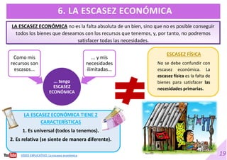 19
6. LA ESCASEZ ECONÓMICA
... tengo
ESCASEZ
ECONÓMICA
Como mis
recursos son
escasos...
... y mis
necesidades
ilimitadas...
LA ESCASEZ ECONÓMICA no es la falta absoluta de un bien, sino que no es posible conseguir
todos los bienes que deseamos con los recursos que tenemos, y, por tanto, no podremos
satisfacer todas las necesidades.
ESCASEZ FÍSICA
No se debe confundir con
escasez económica. La
escasez física es la falta de
bienes para satisfacer las
necesidades primarias.
LA ESCASEZ ECONÓMICA TIENE 2
CARACTERÍSTICAS
1. Es universal (todos la tenemos).
2. Es relativa (se siente de manera diferente).
VÍDEO EXPLICATIVO. La escasez económica
 