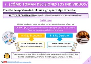 22
7. ¿CÓMO TOMAN DECISIONES LOS INDIVIDUOS?
El coste de oportunidad: el que algo quiere algo le cuesta.
EL COSTE DE OPORTUNIDAD es aquello a lo que se renuncia al tomar una decisión.
A: Elijo Economía
COSTE DE OPORTUNIDAD:
- No puedo estudiar Derecho
B: Elijo Derecho
COSTE DE OPORTUNIDAD
- No puedo estudiar Economía
CASO 1 (A): Decisión con coste de tiempo, pero no de dinero.
Elegir mi carrera cuando tengo una beca.
CASO 1 (A)
Me dan una beca y tengo que elegir entre estudiar Economía o Derecho.
En ocasiones tengo que tomar una decisión que no tiene coste de dinero, pero sí de
tiempo. En esos casos, elegir una decisión supone renunciar a la otra.
VÍDEO EXPLICATIVO. El coste de oportunidad
 