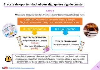 24
A: Elijo Economía
COSTE DE OPORTUNIDAD:
- No puedo estudiar Derecho
(tiempo)
- Me gasto 30.000 euros
(dinero)
B: Elijo Derecho
COSTE DE OPORTUNIDAD
- No puedo estudiar Economía
CASO 2: Decisión con coste de dinero y tiempo.
Elegir mi carrera cuando tengo una beca solo para una carrera.
CASO 2
Me dan una beca para estudiar derecho. Estudiar Economía cuesta 30.000 euros.
En ocasiones, tengo que elegir una decisión que tiene coste de dinero y de tiempo.
En esos casos mi coste de oportunidad supone renunciar a todo lo que me podía
comprar con ese dinero y también a todo lo que podría hacer en ese tiempo.
El coste de oportunidad: el que algo quiere algo le cuesta.
VÍDEO EXPLICATIVO. El coste de oportunidad
 