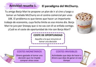 26
COSTE DE OPORTUNIDAD
Aquello a lo que renuncio al
tomar una decisión
COSTES MONETARIOS
Dinero gastado al tomar una
decisión que me impide
comprar otras cosas
COSTES INVISIBLES
Actividades que dejo de hacer o
dinero que dejo de ganar en ese
tiempo
Tu amigo Borja Mari te propone un plan de ir al cine y luego a
tomar un helado McChurry en el centro comercial por unos
10€. El problema es que tienes que hacer un importante
trabajo de economía, cuya fecha límite es ese mismo día. Borja
Mari te jura por Snoopy que si no vas con él se enfada contigo.
¿Cuál es el coste de oportunidad de irte con Borja Mari?
El paradigma del McChurry.
Actividad resuelta 1.
 