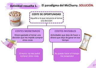 27
COSTE DE OPORTUNIDAD
Aquello a lo que renuncio al tomar
una decisión
COSTES MONETARIOS
Dinero gastado al tomar una
decisión que me impide comprar
otras cosas
10 euros: no me podré
comprar otras cosas
COSTES INVISIBLES
Actividades que dejo de hacer o
dinero que dejo de ganar en ese
tiempo
No puedo hacer el trabajo:
me suspenden
El paradigma del McChurry. SOLUCIÓN.
Actividad resuelta 1.
 