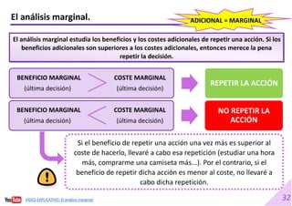 32
VÍDEO EXPLICATIVO. El análisis marginal
El análisis marginal.
El análisis marginal estudia los beneficios y los costes adicionales de repetir una acción. Si los
beneficios adicionales son superiores a los costes adicionales, entonces merece la pena
repetir la decisión.
BENEFICIO MARGINAL COSTE MARGINAL
(última decisión) (última decisión)
REPETIR LA ACCIÓN
BENEFICIO MARGINAL COSTE MARGINAL
(última decisión) (última decisión)
NO REPETIR LA
ACCIÓN
Si el beneficio de repetir una acción una vez más es superior al
coste de hacerlo, llevaré a cabo esa repetición (estudiar una hora
más, comprarme una camiseta más...). Por el contrario, si el
beneficio de repetir dicha acción es menor al coste, no llevaré a
cabo dicha repetición.
ADICIONAL = MARGINAL
 