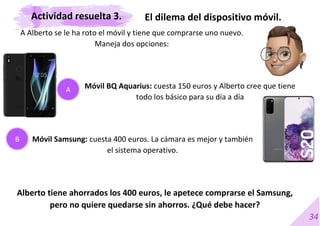 34
A Alberto se le ha roto el móvil y tiene que comprarse uno nuevo.
Maneja dos opciones:
Móvil BQ Aquarius: cuesta 150 euros y Alberto cree que tiene
todo los básico para su día a día
Móvil Samsung: cuesta 400 euros. La cámara es mejor y también
el sistema operativo.
Alberto tiene ahorrados los 400 euros, le apetece comprarse el Samsung,
pero no quiere quedarse sin ahorros. ¿Qué debe hacer?
El dilema del dispositivo móvil.
A
B
Actividad resuelta 3.
 