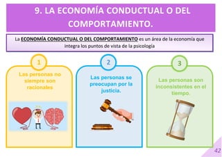 42
9. LA ECONOMÍA CONDUCTUAL O DEL
COMPORTAMIENTO.
La ECONOMÍA CONDUCTUAL O DEL COMPORTAMIENTO es un área de la economía que
integra los puntos de vista de la psicología
1
Las personas no
siempre son
racionales
Las personas se
preocupan por la
justicia.
Las personas son
inconsistentes en el
tiempo.
2 3
 