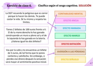 47
CONTABILIDAD MENTAL
EFECTO ANCLA
EFECTO MANADA
EFECTO MARCO
EFECTO DOTACIÓN
AVERSIÓN A LAS PÉRDIDAS
EFECTO SEÑUELO
Ejercicio de clase 6.
La DGT recuerda lo peligroso que es correr
porque lo hacen los demás. Te puede
costar la vida. Sé tu mismo y respeta los
límites.
Tienes 2 billetes de 100 euros frente a ti.
El de tu mano derecha lo has ganado
construyendo un muro a pleno sol y el de
la izquierda lo has ganado en la lotería.
¿Valoras igual los dos billetes?
Clasifica según el sesgo cognitivo. SOLUCIÓN
Vas por la calle y te encuentras un billete
de 5 euros, de tal forma que te pones
contenta y satisfecha. Sin embargo, si
pierdes ese dinero después la sensación
será mayor al sentimiento positivo inicial.
 