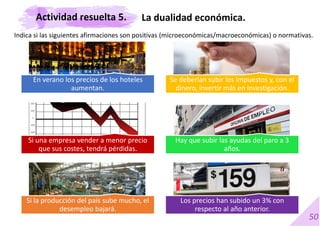 50
La dualidad económica.
En verano los precios de los hoteles
aumentan.
Se deberían subir los impuestos y, con el
dinero, invertir más en investigación.
Indica si las siguientes afirmaciones son positivas (microeconómicas/macroeconómicas) o normativas.
Si una empresa vender a menor precio
que sus costes, tendrá pérdidas.
Hay que subir las ayudas del paro a 3
años.
Si la producción del país sube mucho, el
desempleo bajará.
Los precios han subido un 3% con
respecto al año anterior.
Actividad resuelta 5.
 