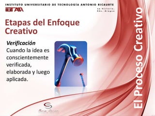 Etapas del Enfoque
Creativo
Verificación
Cuando la idea es
conscientemente
verificada,
elaborada y luego
aplicada.
ElProcesoCreativo
 