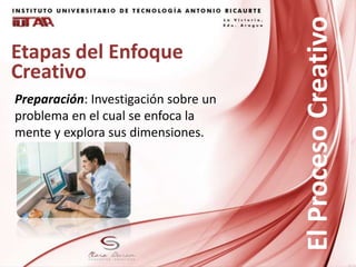 Etapas del Enfoque
Creativo
Preparación: Investigación sobre un
problema en el cual se enfoca la
mente y explora sus dimensiones.
ElProcesoCreativo
 