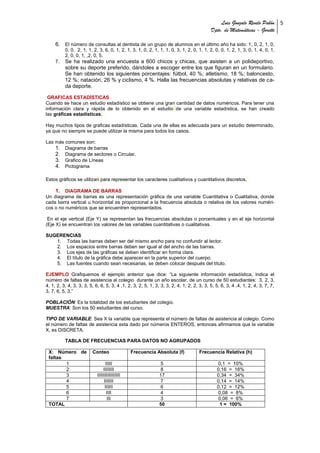Luis Gonzalo Revelo Pabón 5
                                                                                          Dpto. de Matemáticas - Goretti

     6. El número de consultas al dentista de un grupo de alumnos en el último año ha sido: 1, 0, 2, 1, 0,
          0, 0, 2, 1, 1, 2, 3, 6, 0, 1, 2, 1, 3, 1, 0, 2, 1, 1, 1, 0, 3, 1, 2, 0, 1, 1, 2, 0, 0, 1, 2, 1, 3, 0, 1, 4, 0, 1,
          2, 0, 0, 1, ,2, 0, 5.
     7.   Se ha realizado una encuesta a 600 chicos y chicas, que asisten a un polideportivo,
          sobre su deporte preferido, dándoles a escoger entre los que figuran en un formulario.
          Se han obtenido los siguientes porcentajes: fútbol, 40 %; atletismo, 18 %; baloncesto,
          12 %; natación, 26 % y ciclismo, 4 %. Halla las frecuencias absolutas y relativas de ca-
          da deporte.

 GRAFICAS ESTADÍSTICAS
Cuando se hace un estudio estadístico se obtiene una gran cantidad de datos numéricos. Para tener una
información clara y rápida de lo obtenido en el estudio de una variable estadística, se han creado
las gráficas estadísticas.

Hay muchos tipos de graficas estadísticas. Cada una de ellas es adecuada para un estudio determinado,
ya que no siempre se puede utilizar la misma para todos los casos.

Las más comunes son:
    1. Diagrama de barras
    2. Diagrama de sectores o Circular.
    3. Grafico de Líneas
    4. Pictograma

Estos gráficos se utilizan para representar los caracteres cualitativos y cuantitativos discretos.

    1. DIAGRAMA DE BARRAS
Un diagrama de barras es una representación gráfica de una variable Cuantitativa o Cualitativa, donde
cada barra vertical u horizontal es proporcional a la frecuencia absoluta o relativa de los valores numéri-
cos o no numéricos que se encuentren representados.

 En el eje vertical (Eje Y) se representan las frecuencias absolutas o porcentuales y en el eje horizontal
(Eje X) se encuentran los valores de las variables cuantitativas o cualitativas.

SUGERENCIAS
   1. Todas las barras deben ser del mismo ancho para no confundir al lector.
   2. Los espacios entre barras deben ser igual al del ancho de las barras.
   3. Los ejes de las gráficas se deben identificar en forma clara.
   4. El título de la gráfica debe aparecer en la parte superior del cuerpo.
   5. Las fuentes cuando sean necesarias, se deben colocar después del título.

EJEMPLO Grafiquemos el ejemplo anterior que dice: “La siguiente información estadística, indica el
número de faltas de asistencia al colegio durante un año escolar, de un curso de 50 estudiantes: 3, 2, 3,
4, 1, 2, 3, 4, 3, 3, 3, 5, 6, 6, 5, 3, 4 ,1, 2, 3, 2, 5, 1, 3, 3, 3, 2, 4, 1, 2, 2, 3, 3, 5, 5, 6, 3, 4 ,4, 1, 2, 4, 3, 7, 7,
3, 7, 6, 5, 3.”

POBLACIÓN: Es la totalidad de los estudiantes del colegio.
MUESTRA: Son los 50 estudiantes del curso.

TIPO DE VARIABLE: Sea X la variable que representa el número de faltas de asistencia al colegio. Como
el número de faltas de asistencia esta dado por números ENTEROS, entonces afirmamos que la variable
X, es DISCRETA.

          TABLA DE FRECUENCIAS PARA DATOS NO AGRUPADOS

 X: Número de            Conteo                 Frecuencia Absoluta (f)            Frecuencia Relativa (h)
 faltas
        1                         IIIII                       5                              0,1 = 10%
        2                       IIIIIIII                      8                              0,16 = 16%
        3                   IIIIIIIIIIIIIIIII                 17                             0,34 = 34%
        4                        IIIIIII                      7                              0,14 = 14%
        5                        IIIIII                       6                              0,12 = 12%
        6                         IIII                        4                              0,08 = 8%
        7                          III                        3                              0,06 = 6%
 TOTAL                                                        50                              1 = 100%
 