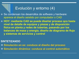 Evolución y entorno (4)
❖ Se condensan los desarrollos de software y hardware:
aparece el diseño asistido por computador o CAD
❖ HOY: mediante CAD se puede diseñar proceso qco hasta
nivel de detalle de equipos y piezas y de disposición
física en planta y redes de tuberías, pasando por los
balances de masa y energía, diseño de diagrama de flujo
y sistemas de servicios y control
SINTETIZANDO:
❖ Simulación en ee: conduce al diseño del proceso
❖ Simulación dinámica: conduce al control automático
 