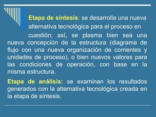Etapa de síntesis: se desarrolla una nueva
alternativa tecnológica para el proceso en
cuestión; así, se plasma bien sea una
nueva concepción de la estructura (diagrama de
flujo con una nueva organización de corrientes y
unidades de proceso), o bien nuevos valores para
las condiciones de operación, con base en la
misma estructura.
Etapa de análisis: se examinan los resultados
generados con la alternativa tecnológica creada en
la etapa de síntesis.
 
