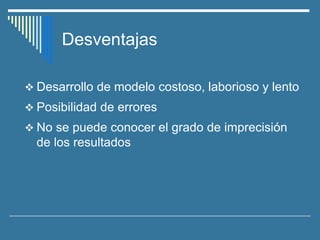 Desventajas
❖ Desarrollo de modelo costoso, laborioso y lento
❖ Posibilidad de errores
❖ No se puede conocer el grado de imprecisión
de los resultados
 