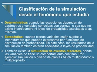 Clasificación de la simulación
desde el fenómeno que estudia
❖ Determinística: cuando las ecuaciones dependen de
parámetros y variables conocidas con certeza, o sea que no
existe incertidumbre ni leyes de probabilidad asociadas a las
mismas.
❖ Estocástica: cuando ciertas variables están sujetas a
incertidumbre que pueden expresarse por funciones de
distribución de probabilidad. En este caso, los resultados de la
simulación también estarán asociados a leyes de probabilidad.
❖ También existe la simulación de eventos discretos, donde
las variables no tiene un comportamiento continuo. Por
ejemplo: simulación o diseño de plantas batch multiproducto o
multipropósito.
 