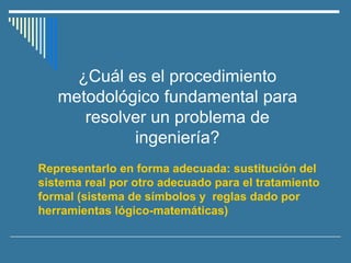 ¿Cuál es el procedimiento
metodológico fundamental para
resolver un problema de
ingeniería?
Representarlo en forma adecuada: sustitución del
sistema real por otro adecuado para el tratamiento
formal (sistema de símbolos y reglas dado por
herramientas lógico-matemáticas)
 