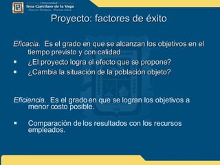 Eficacia.   Es el grado en que se alcanzan los objetivos en el tiempo previsto y con calidad  ¿El proyecto logra el efecto que se propone? ¿Cambia la situación de la población objeto? Proyecto: factores de éxito  Eficiencia.  Es el grado en que se logran los objetivos a menor costo posible. Comparación de los resultados con los recursos empleados. 