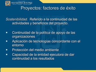 Proyectos: factores de éxito Sostenibilidad.   Referido a la continuidad de las actividades y beneficios del proyecto. Continuidad de la política de apoyo de las organizaciones Aplicación de tecnologías concordante con el entorno Protección del medio ambiente Capacidad de la entidad ejecutora de dar continuidad a los resultados 