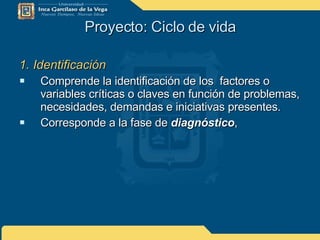 Proyecto: Ciclo de vida 1. Identificación Comprende la identificación de los  factores o variables críticas o claves en función de problemas, necesidades, demandas e iniciativas presentes. Corresponde a la fase de  diagnóstico , 