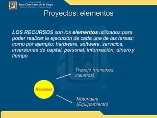 Proyectos: elementos LOS   RECURSOS   son los  elementos  utilizados para poder realizar la ejecución de cada una de las tareas; como por ejemplo: hardware, software, servicios, inversiones de capital, personal, información, dinero y tiempo  Recursos Trabajo (humanos, insumos) Materiales (Equipamiento) 